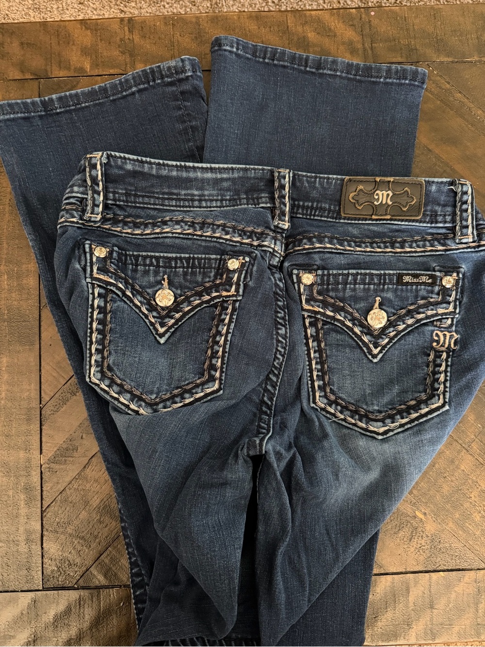 Miss Me Dark Blue Embroidered Pocket Bootcut Jeans